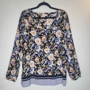 J.Jill Blue Floral Printed Long Sleeve Square Neck A-line Tunic Top Size Large